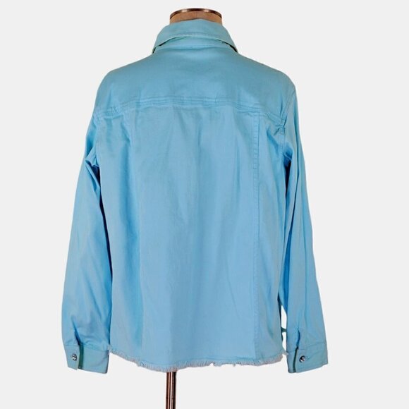 Quacker Factory Denim Jacket Size L Fringe Hem Rhinestone Zippers Jewel Buttons - Picture 3 of 11